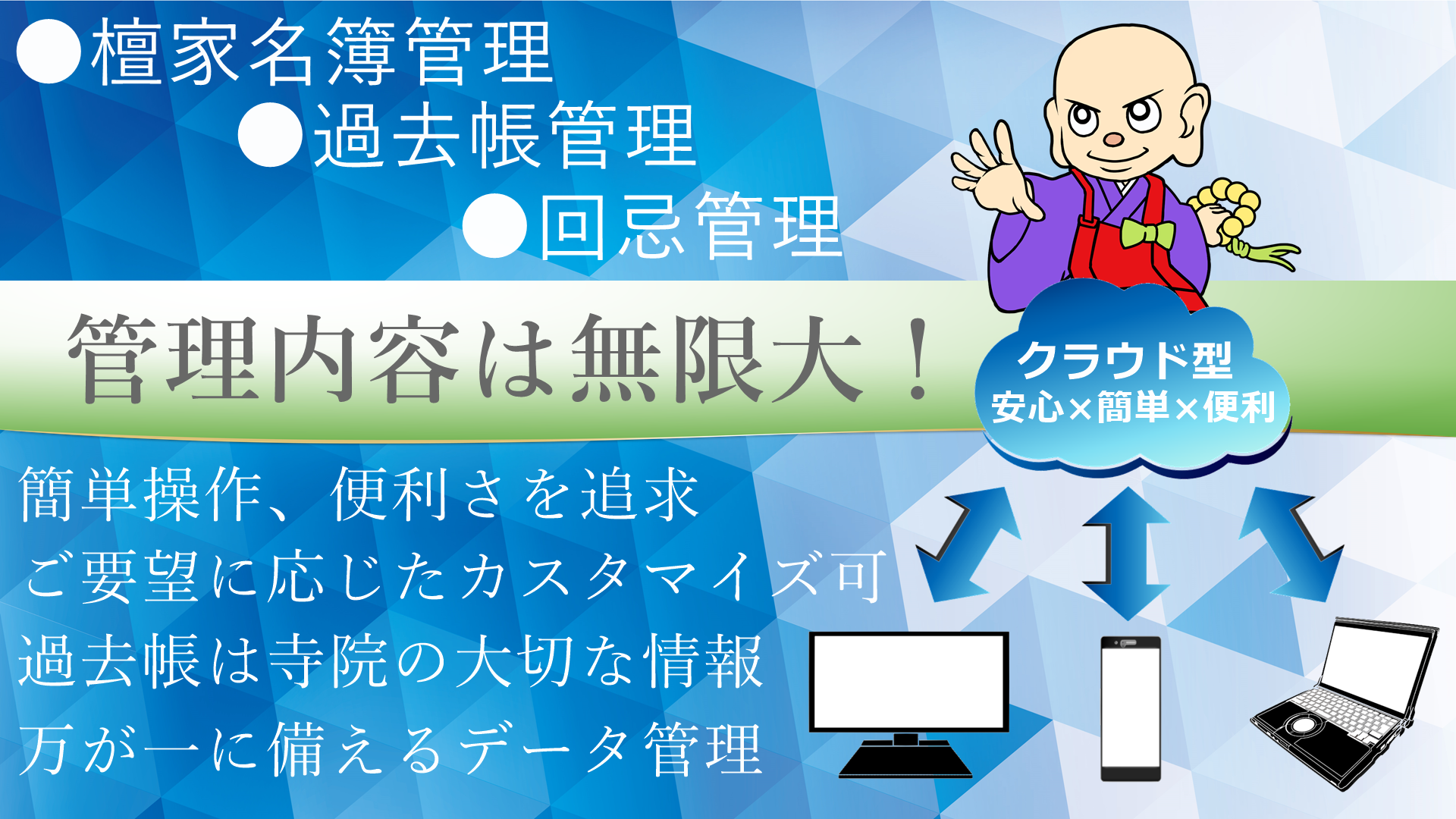 住職の声からできた檀家総合管理システム(檀家名簿管理、過去帳管理、法事回忌年忌管理、護持会管理)クラウド型で、パソコン、スマホ、タブレット、どこからでも管理が可能。過去帳は寺院の記帳な情報です、過去帳を盗難、火災、自然災害から守ることができるシステムです。
