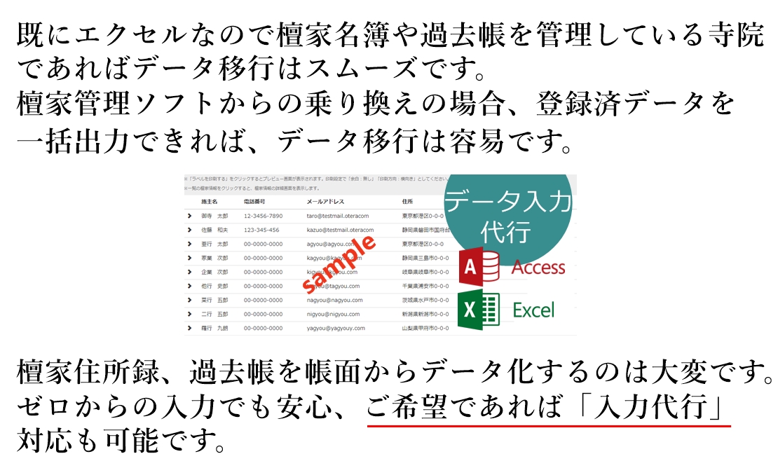 クラウド型檀家総合管理システム お寺まもる君では、檀家名簿、過去帳の入力代行も可能です。また、檀家管理ソフト、寺院管理ソフトをご利用の場合、そのデータをお寺まもる君にデータ移行可能です。