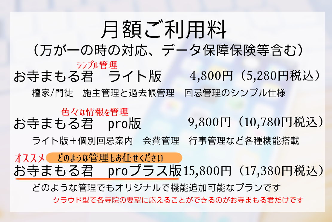 クラウド型檀家総合管理システム　お寺まもる君システム利用料　1日あたり約326円です。費用対効果バツグンの檀家管理、過去帳管理システムです